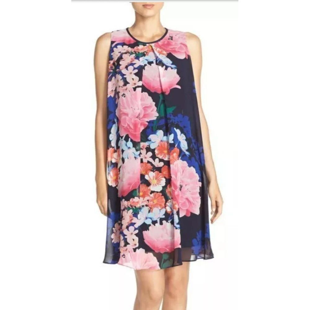 Vince Camuto Floral Sleeveless Lined Dress Navy Pink Chiffon Overlay Size‎ 2